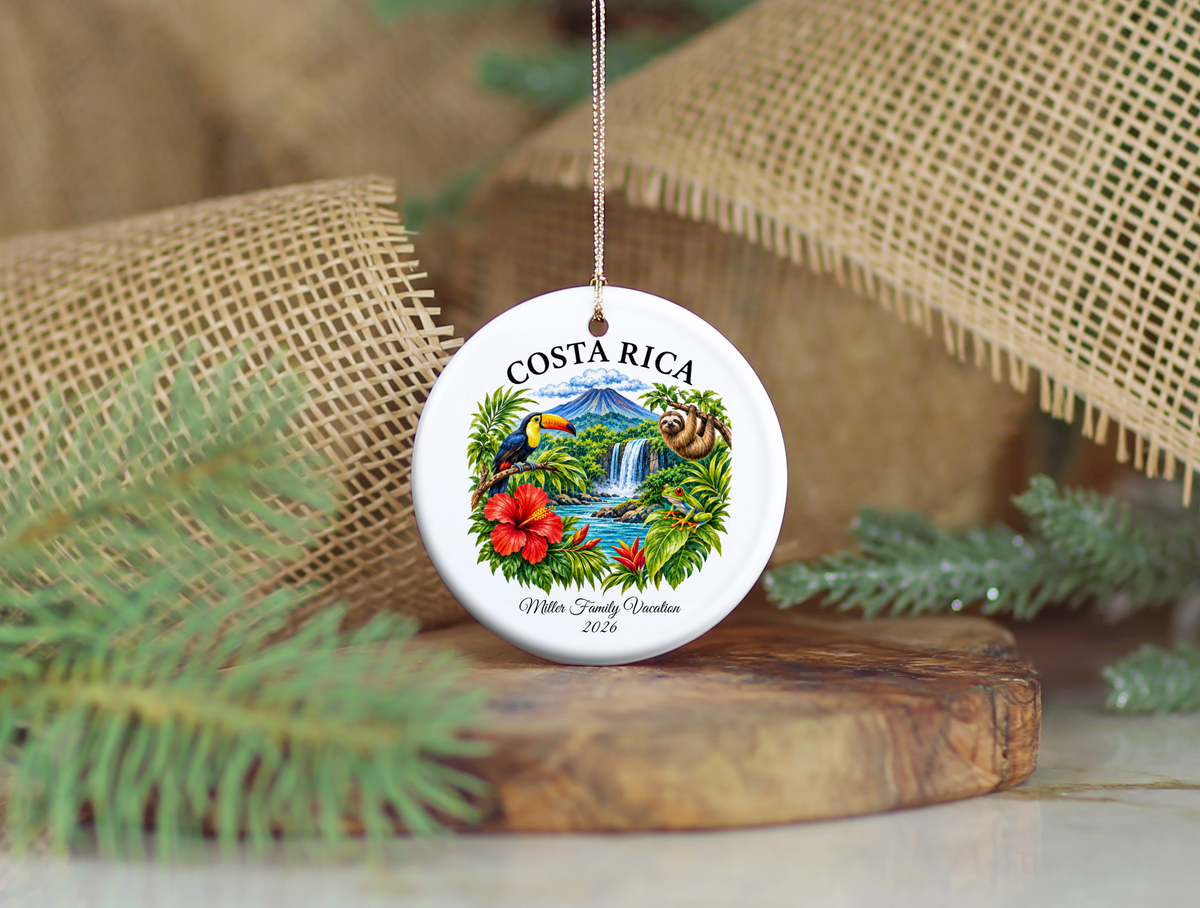 Costa Rica Vacation Ornament 2026, Tropical Travel Keepsake, Personalized Family Holiday Souvenir, Toucan Sloth Waterfall Decor Gift