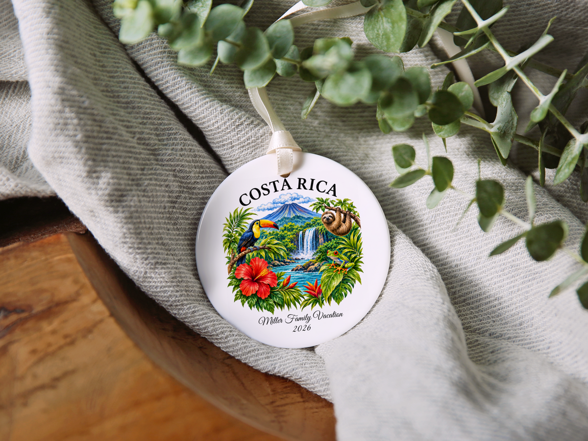 Costa Rica Vacation Ornament 2026, Tropical Travel Keepsake, Personalized Family Holiday Souvenir, Toucan Sloth Waterfall Decor Gift
