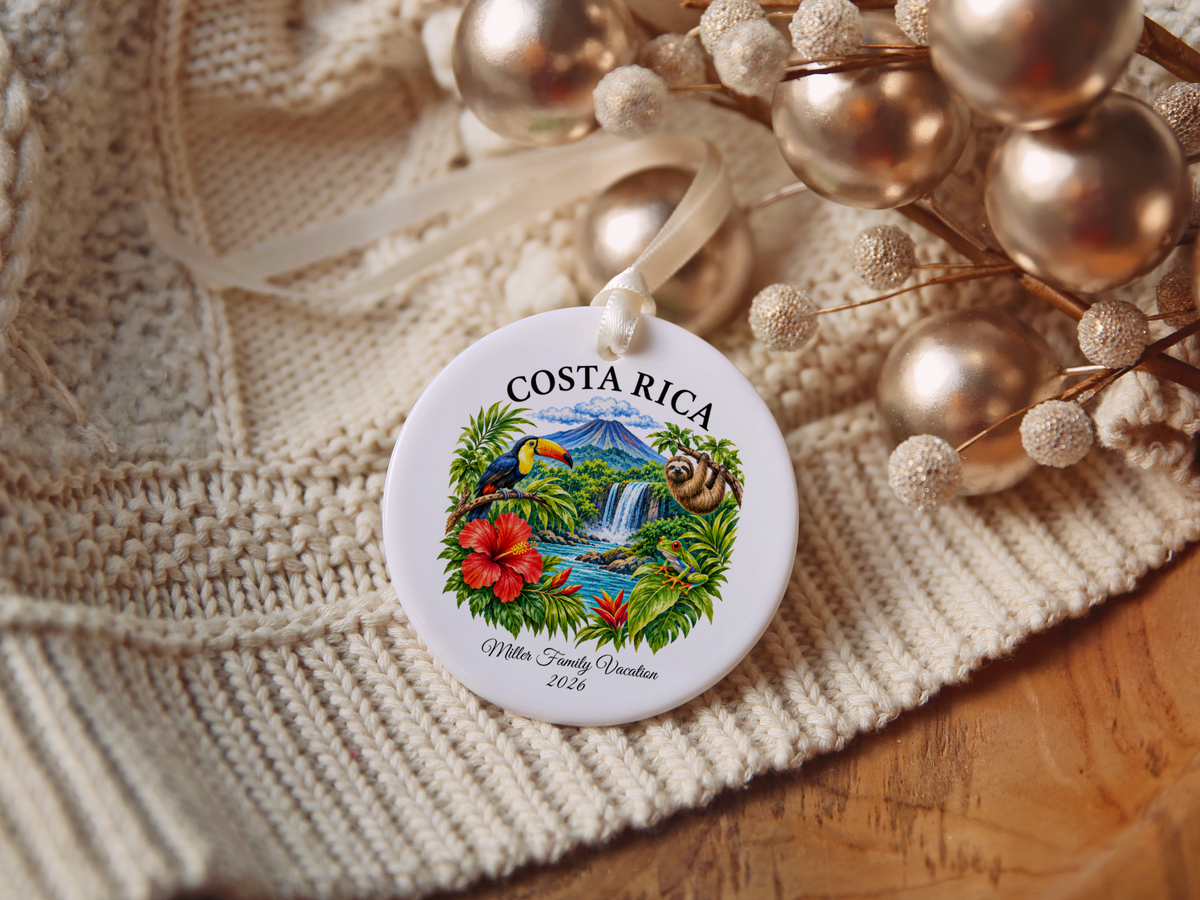 Costa Rica Vacation Ornament 2026, Tropical Travel Keepsake, Personalized Family Holiday Souvenir, Toucan Sloth Waterfall Decor Gift