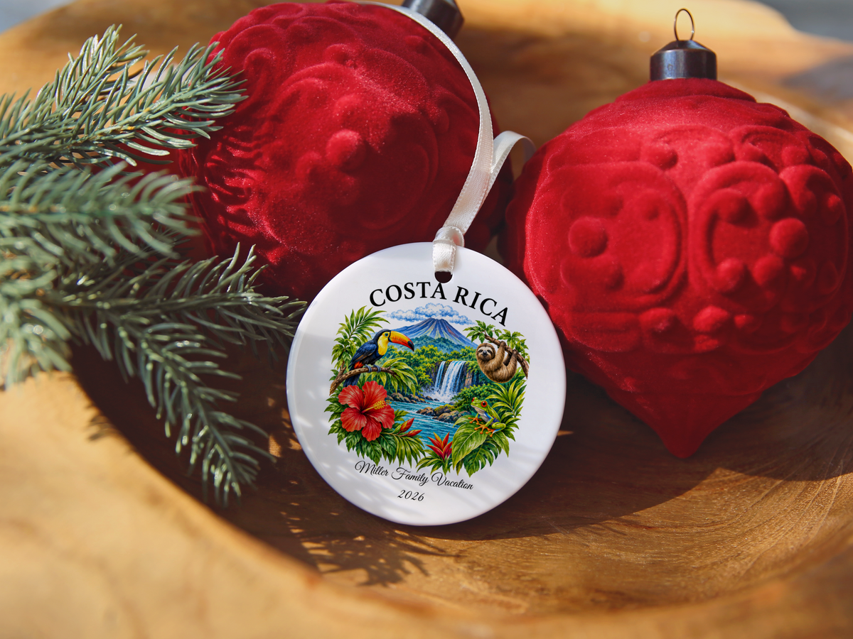 Costa Rica Vacation Ornament 2026, Tropical Travel Keepsake, Personalized Family Holiday Souvenir, Toucan Sloth Waterfall Decor Gift