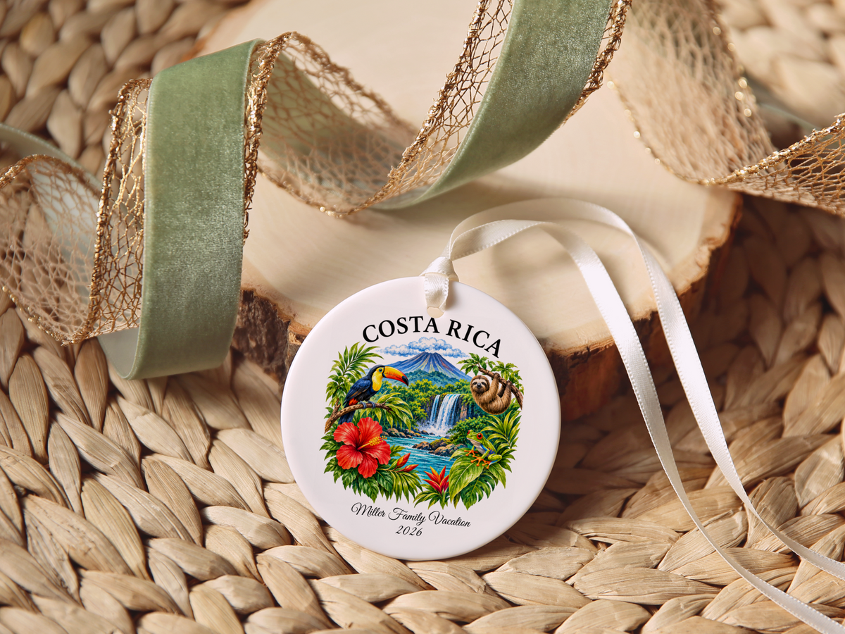 Costa Rica Vacation Ornament 2026, Tropical Travel Keepsake, Personalized Family Holiday Souvenir, Toucan Sloth Waterfall Decor Gift