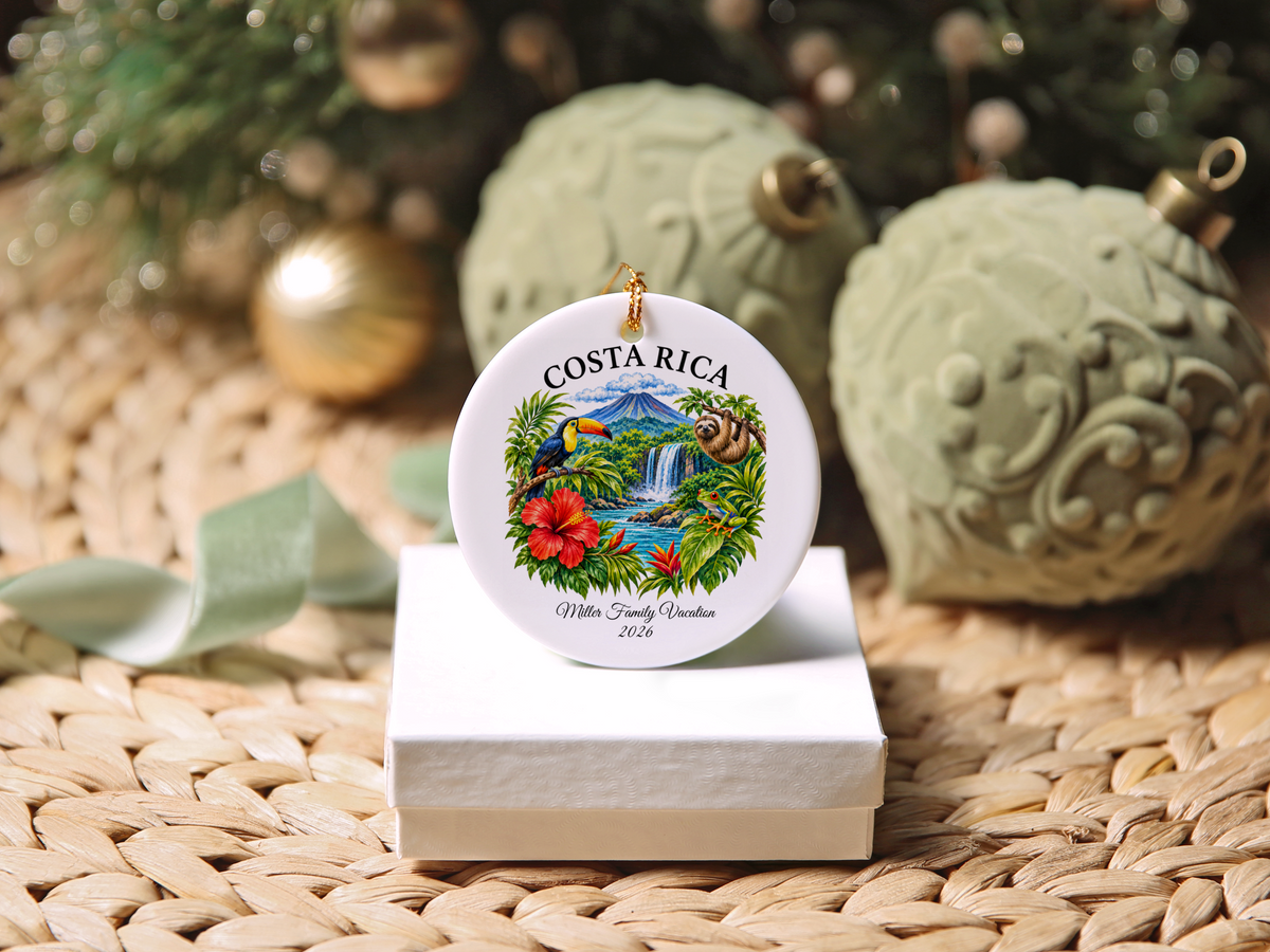 Costa Rica Vacation Ornament 2026, Tropical Travel Keepsake, Personalized Family Holiday Souvenir, Toucan Sloth Waterfall Decor Gift