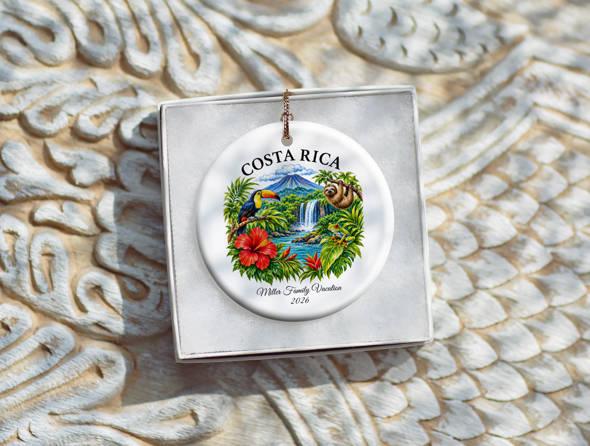 Costa Rica Vacation Ornament 2026, Tropical Travel Keepsake, Personalized Family Holiday Souvenir, Toucan Sloth Waterfall Decor Gift