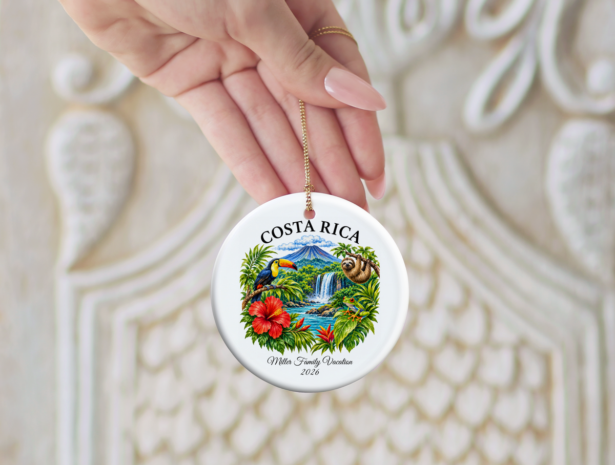 Costa Rica Vacation Ornament 2026, Tropical Travel Keepsake, Personalized Family Holiday Souvenir, Toucan Sloth Waterfall Decor Gift