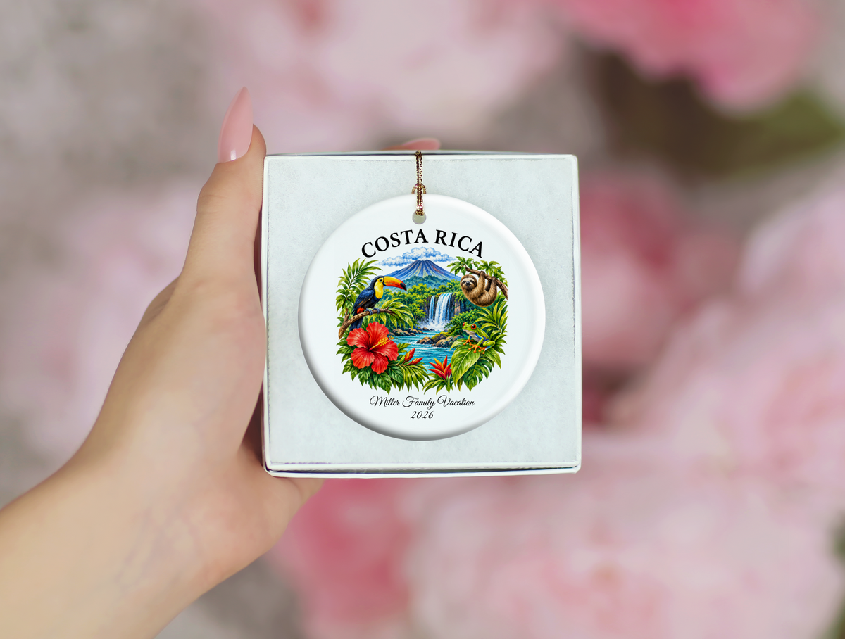 Costa Rica Vacation Ornament 2026, Tropical Travel Keepsake, Personalized Family Holiday Souvenir, Toucan Sloth Waterfall Decor Gift