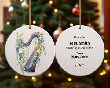 Personalized Harp Ornament, Floral Music Teacher Gift, 2-Sided Ceramic Christmas Ornament with Gold Cord, Custom Name & Year