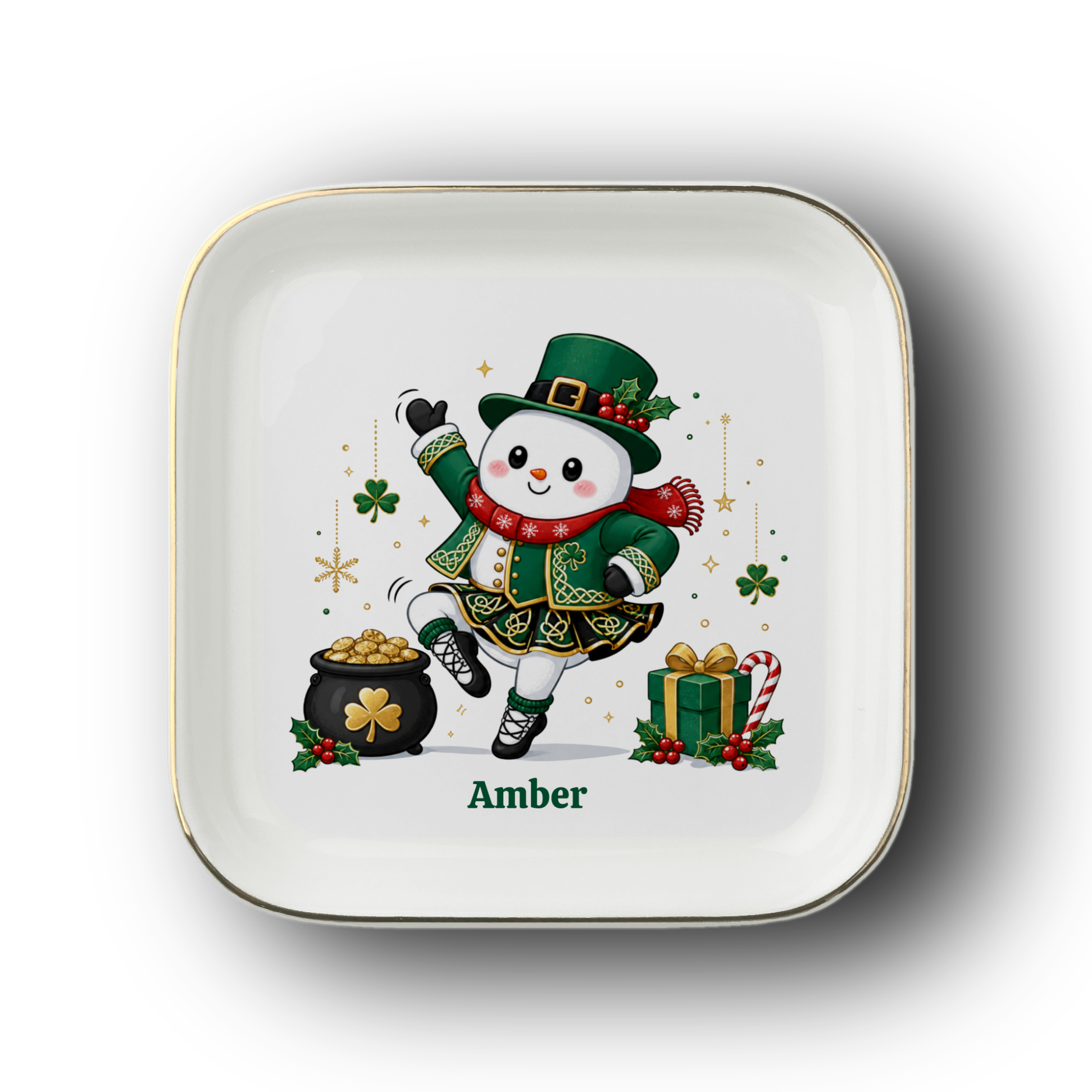 Personalized Christmas Jewelry Dish, Cute Snowman Trinket Tray, Holiday Ring Dish, Irish Dancer Gift