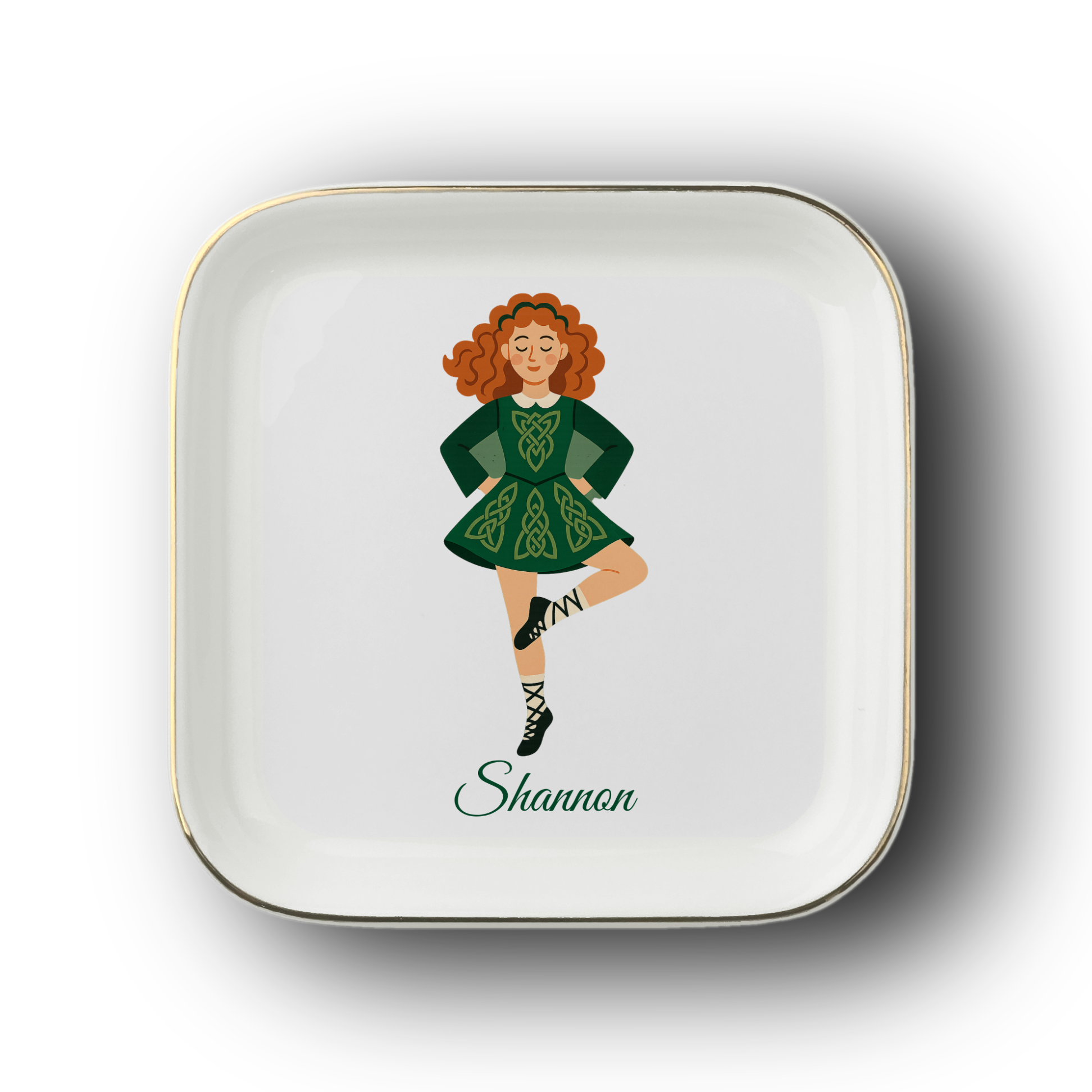 Personalized Celtic Dancer Jewelry Dish, Irish Dance Trinket Tray, Redhead Ballerina Ring Holder, Dance Recital Gift, Ceramic Dish