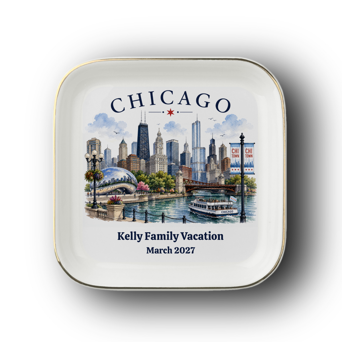 Personalized Chicago Skyline Jewelry Dish, Chicago Keepsake Tray, Chicago River Scene, Catchall Dish, Travel Gift