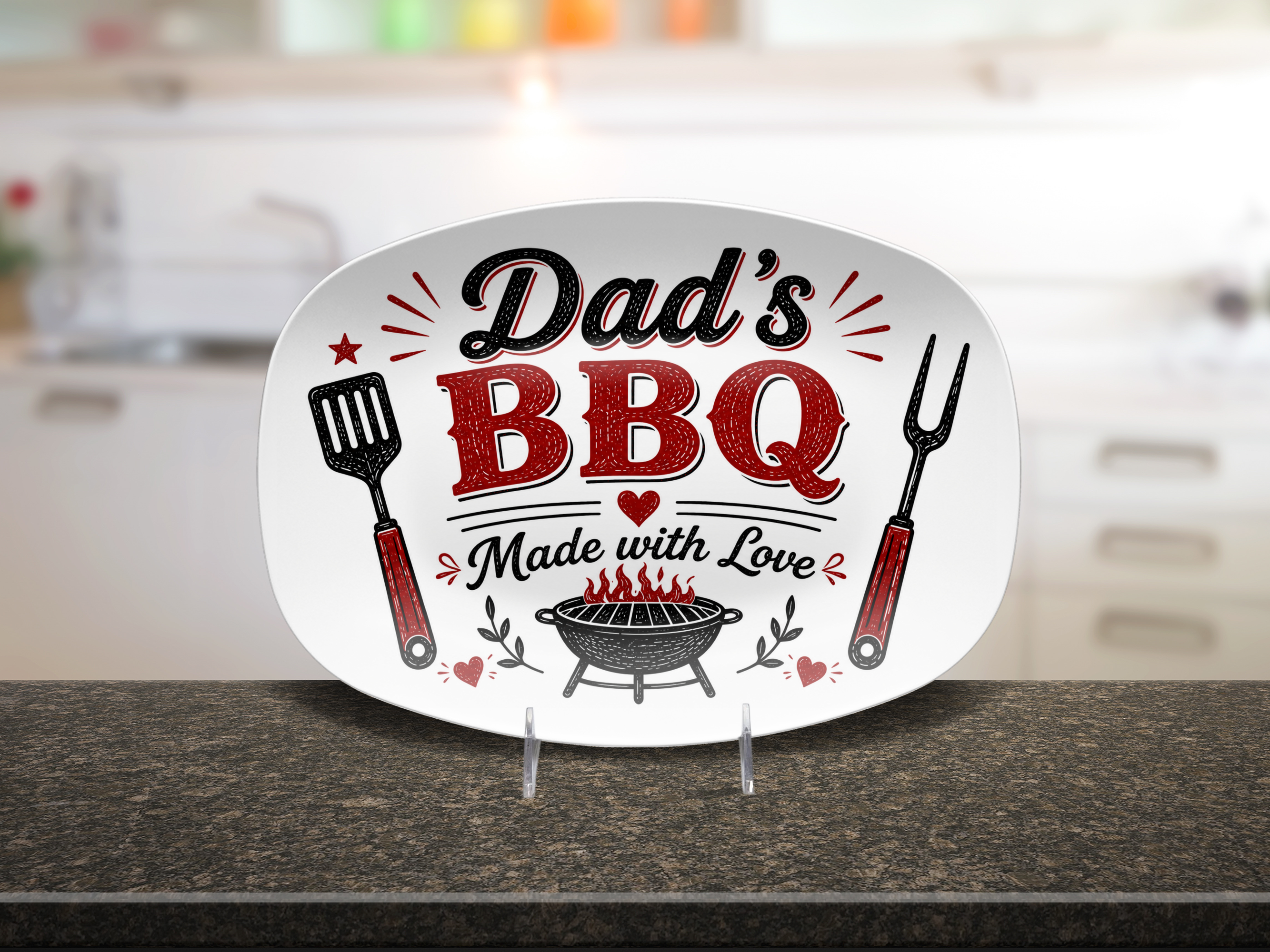 Dad's BBQ Serving Platter, Made With Love Grill Gift, Father's Day Barbecue Entertaining Tray, Oval Outdoor Cookout Table Decor Gift