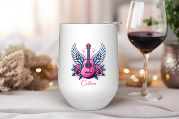 Personalized Pink Guitar with Wings Wine Tumbler – Custom Stainless Steel 12oz Insulated Cup, Music Lover or Guitarist Gift