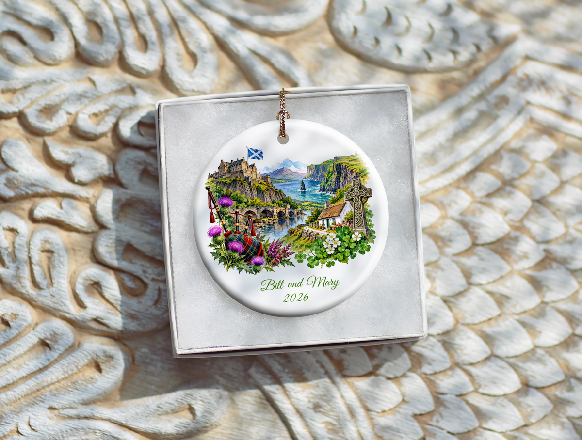 Personalized Scotland and Ireland Christmas Ornament, Honeymoon Travel Memory Keepsake, Scottish Irish Heritage Gift, Custom Names and Year