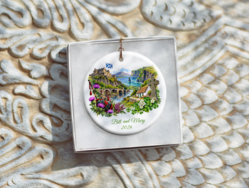 Personalized Scotland and Ireland Christmas Ornament, Honeymoon Travel Memory Keepsake, Scottish Irish Heritage Gift, Custom Names and Year