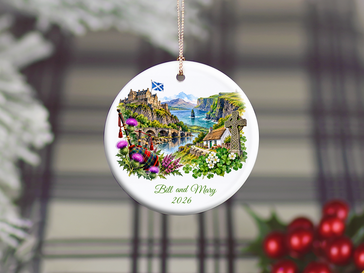Personalized Scotland and Ireland Christmas Ornament, Honeymoon Travel Memory Keepsake, Scottish Irish Heritage Gift, Custom Names and Year