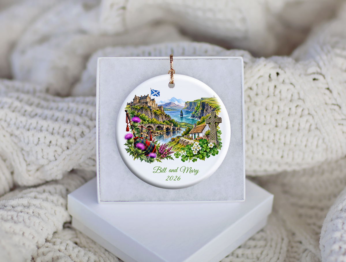 Personalized Scotland and Ireland Christmas Ornament, Honeymoon Travel Memory Keepsake, Scottish Irish Heritage Gift, Custom Names and Year