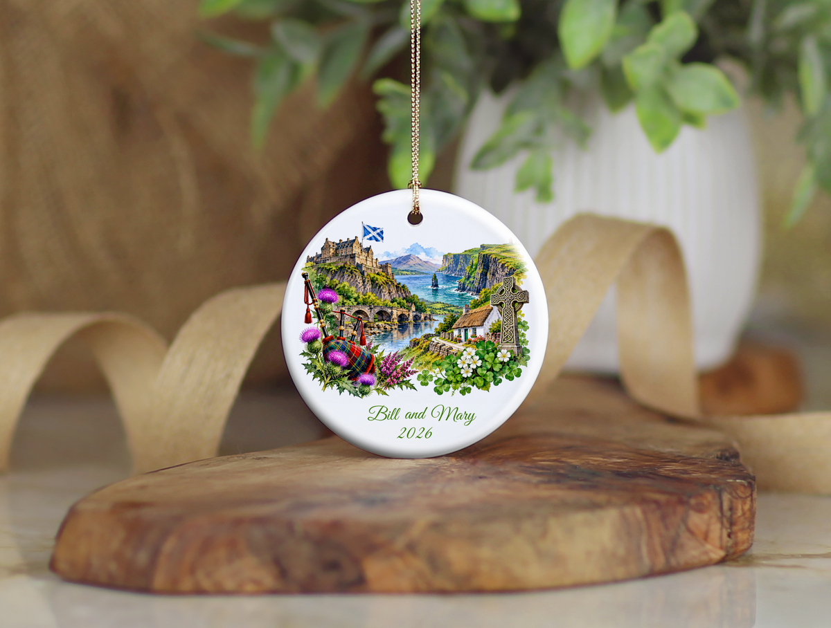Personalized Scotland and Ireland Christmas Ornament, Honeymoon Travel Memory Keepsake, Scottish Irish Heritage Gift, Custom Names and Year
