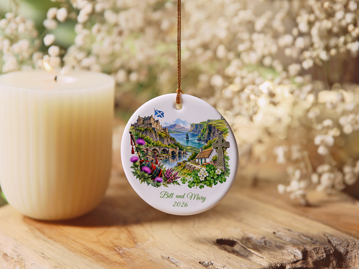 Personalized Scotland and Ireland Christmas Ornament, Honeymoon Travel Memory Keepsake, Scottish Irish Heritage Gift, Custom Names and Year