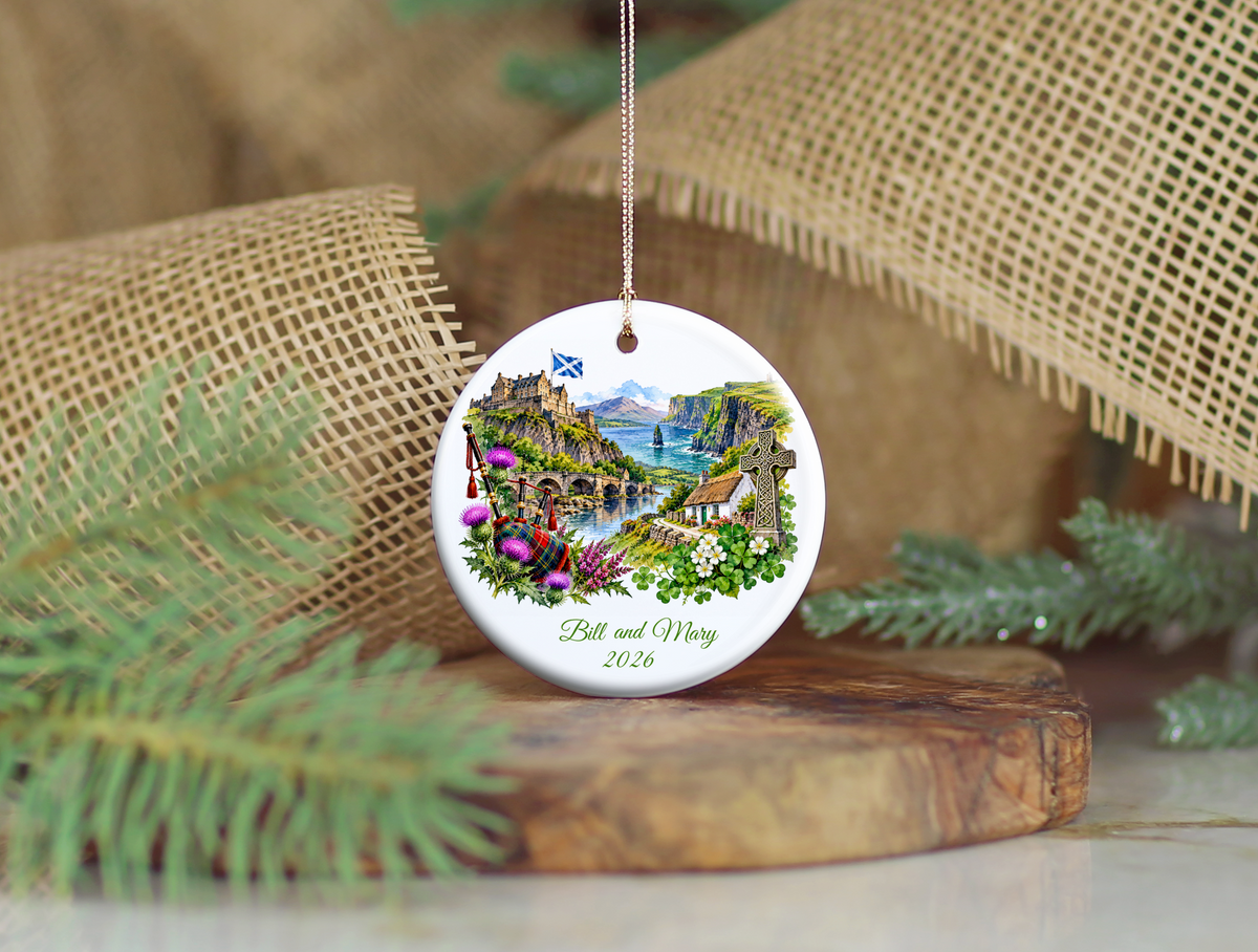 Personalized Scotland and Ireland Christmas Ornament, Honeymoon Travel Memory Keepsake, Scottish Irish Heritage Gift, Custom Names and Year