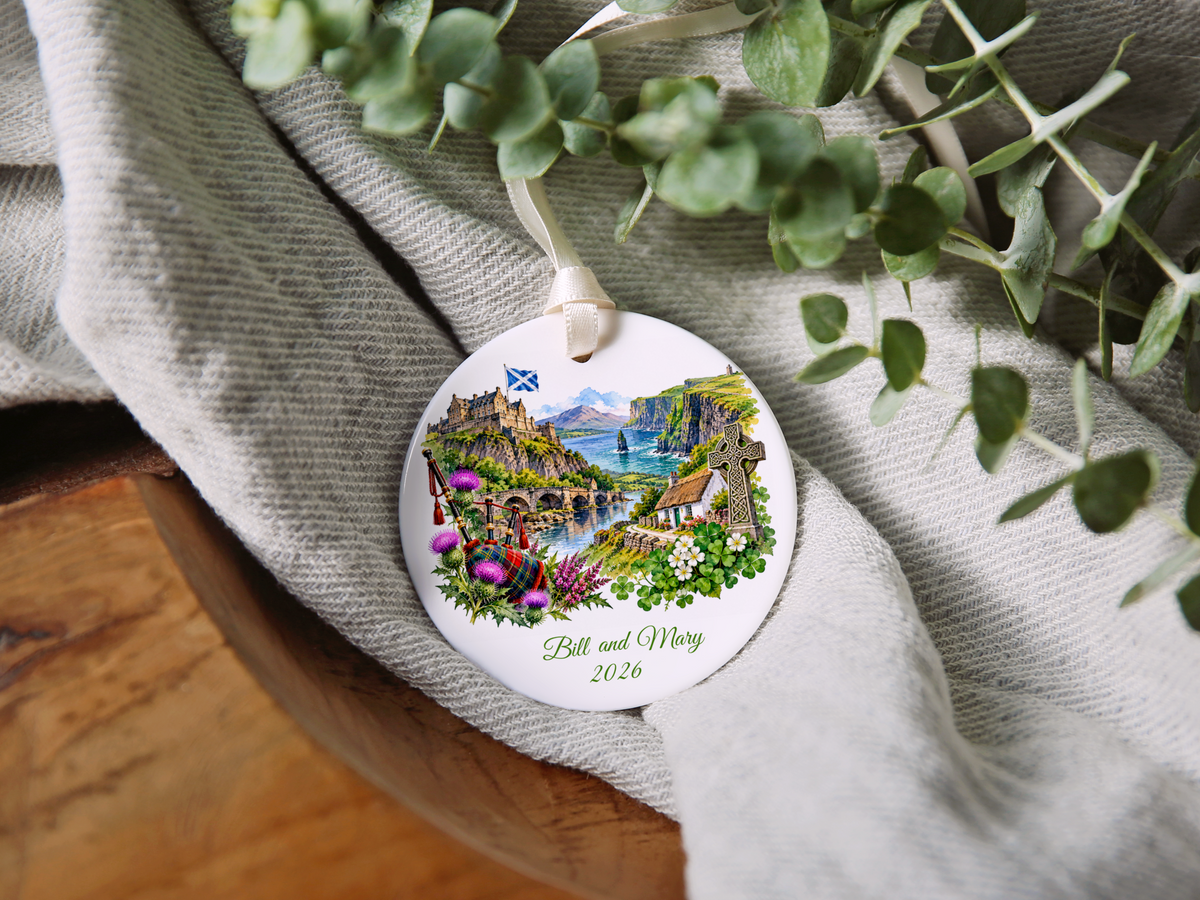 Personalized Scotland and Ireland Christmas Ornament, Honeymoon Travel Memory Keepsake, Scottish Irish Heritage Gift, Custom Names and Year