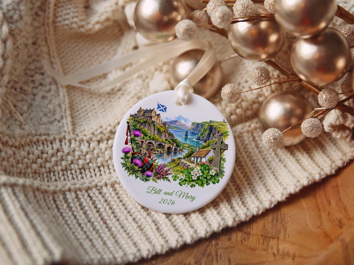 Personalized Scotland and Ireland Christmas Ornament, Honeymoon Travel Memory Keepsake, Scottish Irish Heritage Gift, Custom Names and Year
