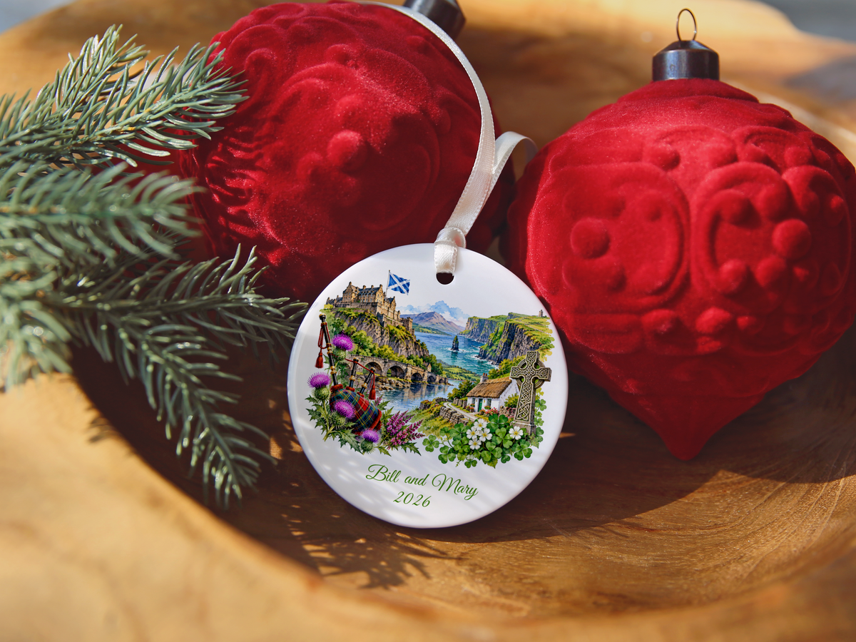 Personalized Scotland and Ireland Christmas Ornament, Honeymoon Travel Memory Keepsake, Scottish Irish Heritage Gift, Custom Names and Year