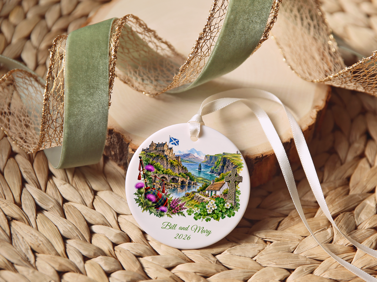 Personalized Scotland and Ireland Christmas Ornament, Honeymoon Travel Memory Keepsake, Scottish Irish Heritage Gift, Custom Names and Year