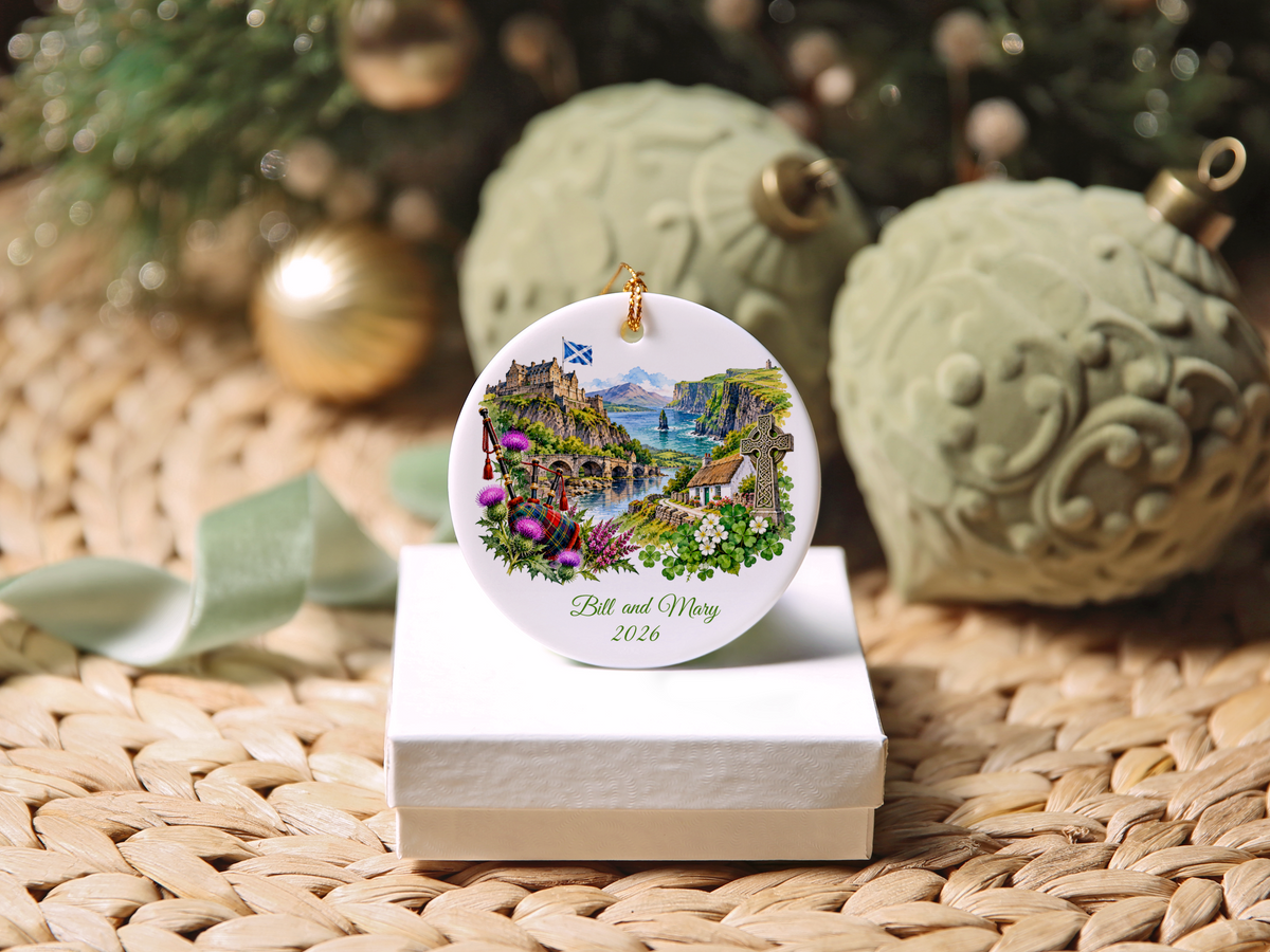 Personalized Scotland and Ireland Christmas Ornament, Honeymoon Travel Memory Keepsake, Scottish Irish Heritage Gift, Custom Names and Year