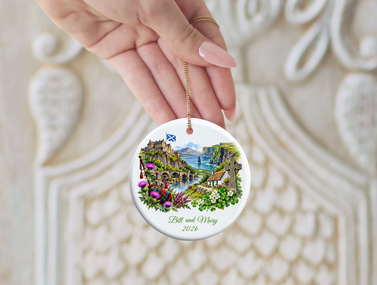 Personalized Scotland and Ireland Christmas Ornament, Honeymoon Travel Memory Keepsake, Scottish Irish Heritage Gift, Custom Names and Year