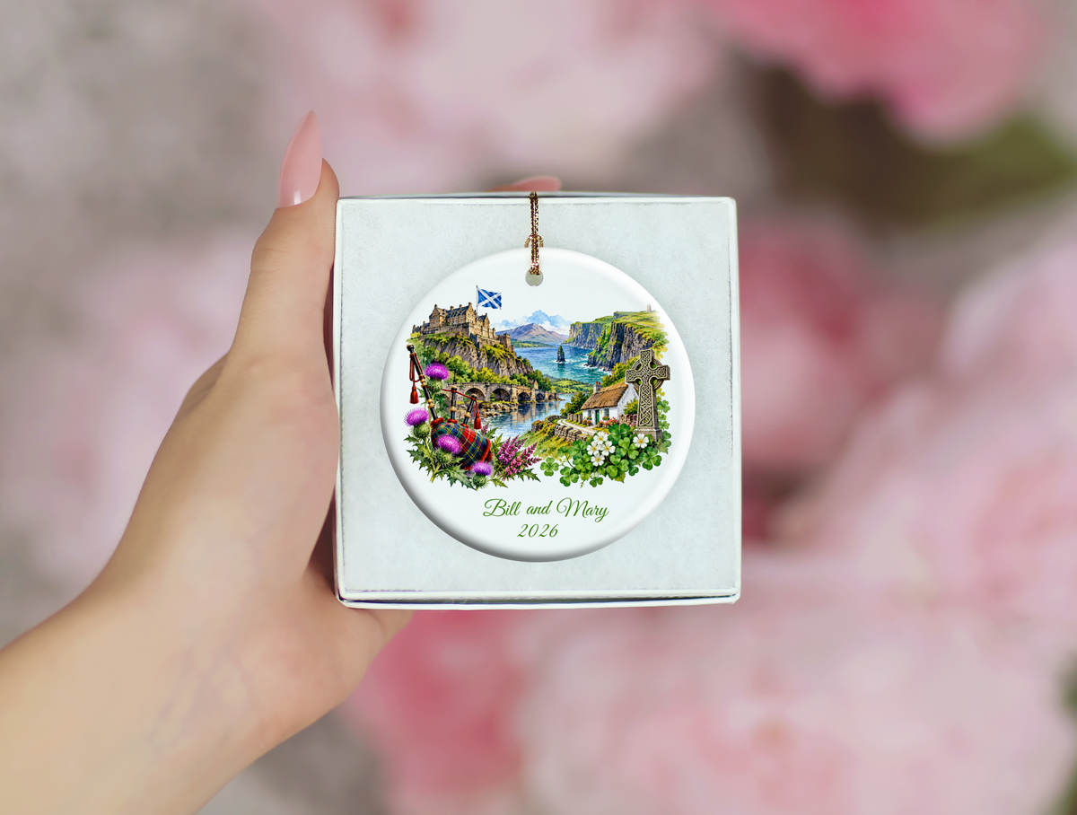 Personalized Scotland and Ireland Christmas Ornament, Honeymoon Travel Memory Keepsake, Scottish Irish Heritage Gift, Custom Names and Year