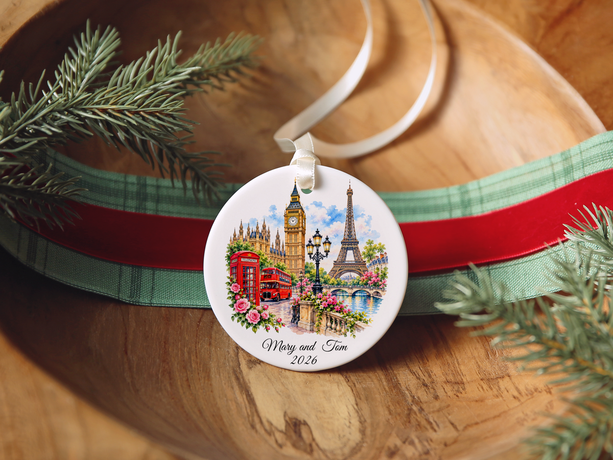 Personalized London Paris Christmas Ornament, England France Travel Keepsake, Souvenir Travel Ornament,  Honeymoon Memory, Double Sided Ornament