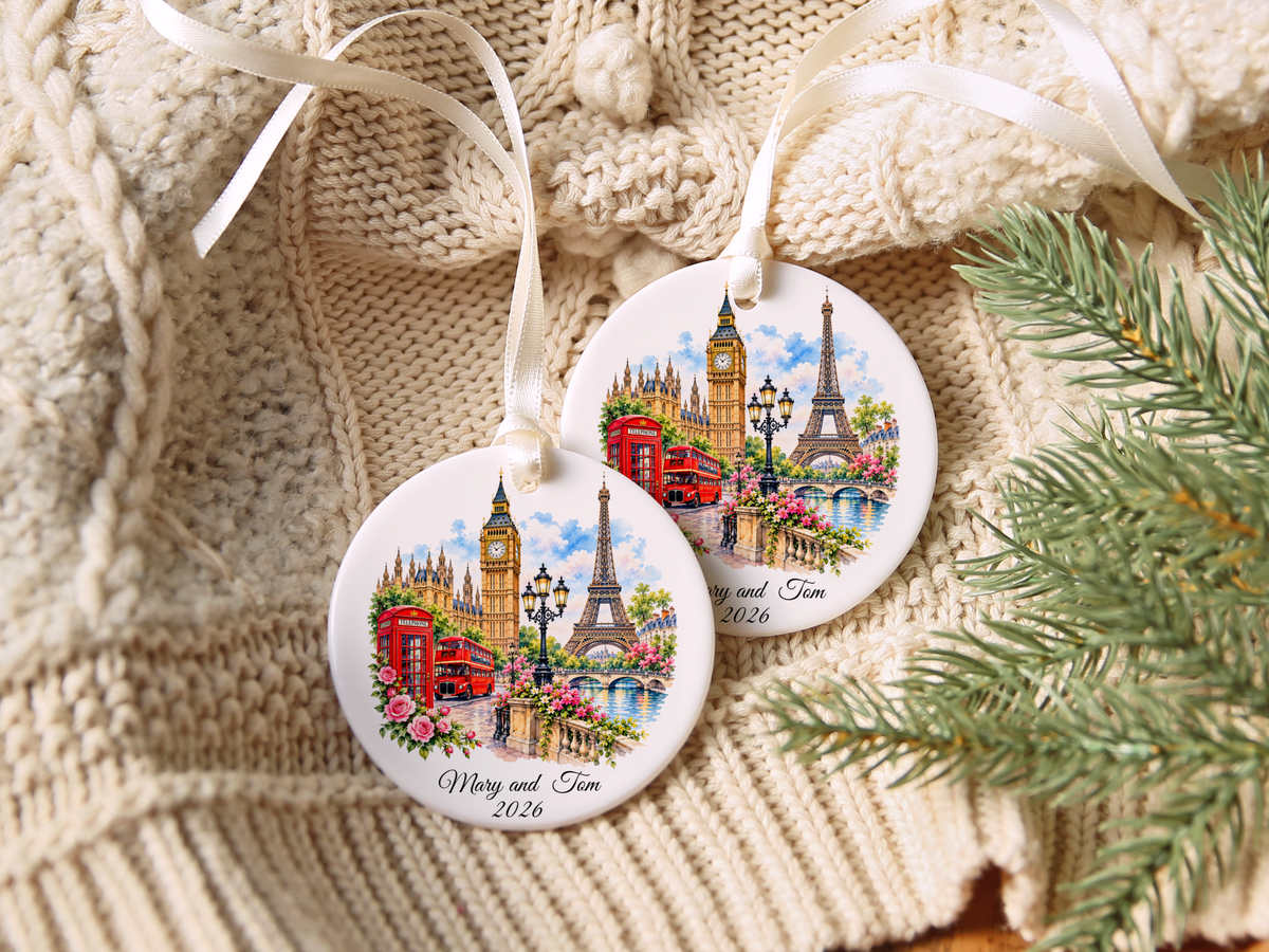 Personalized London Paris Christmas Ornament, England France Travel Keepsake, Souvenir Travel Ornament,  Honeymoon Memory, Double Sided Ornament