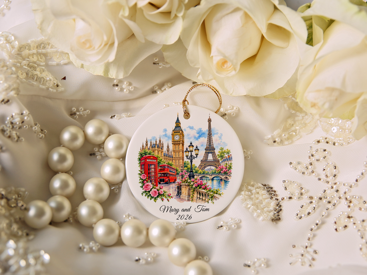 Personalized London Paris Christmas Ornament, England France Travel Keepsake, Souvenir Travel Ornament,  Honeymoon Memory, Double Sided Ornament