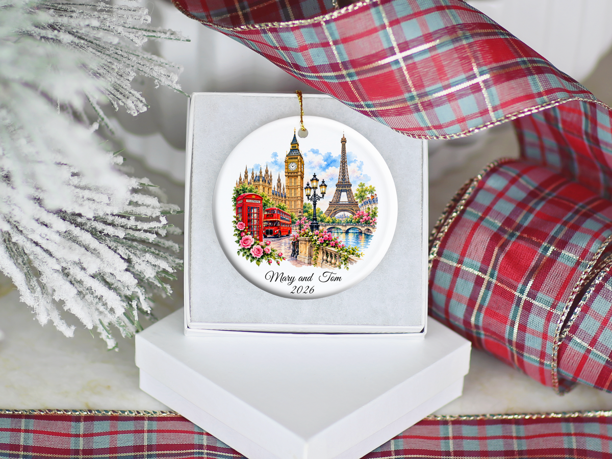 Personalized London Paris Christmas Ornament, England France Travel Keepsake, Souvenir Travel Ornament,  Honeymoon Memory, Double Sided Ornament