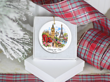 Personalized London Paris Christmas Ornament, England France Travel Keepsake, Souvenir Travel Ornament,  Honeymoon Memory, Double Sided Ornament