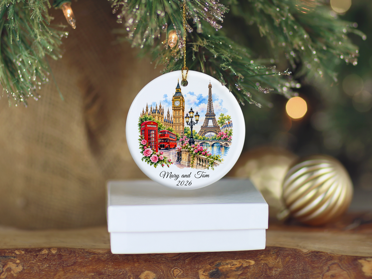 Personalized London Paris Christmas Ornament, England France Travel Keepsake, Souvenir Travel Ornament,  Honeymoon Memory, Double Sided Ornament