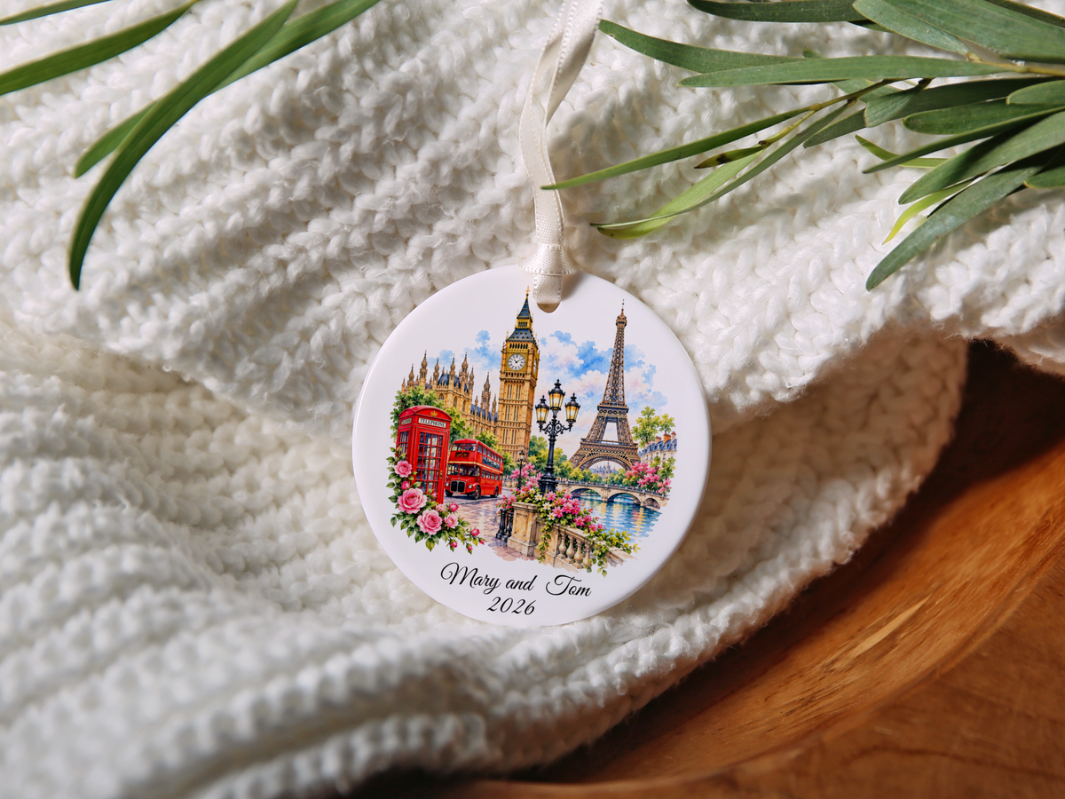Personalized London Paris Christmas Ornament, England France Travel Keepsake, Souvenir Travel Ornament,  Honeymoon Memory, Double Sided Ornament