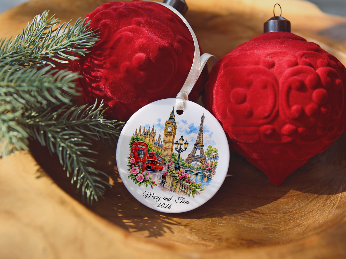 Personalized London Paris Christmas Ornament, England France Travel Keepsake, Souvenir Travel Ornament,  Honeymoon Memory, Double Sided Ornament