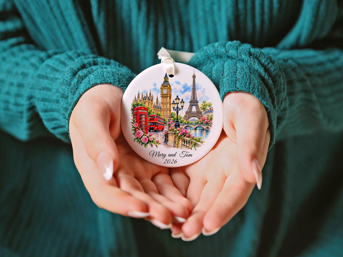 Personalized London Paris Christmas Ornament, England France Travel Keepsake, Souvenir Travel Ornament,  Honeymoon Memory, Double Sided Ornament