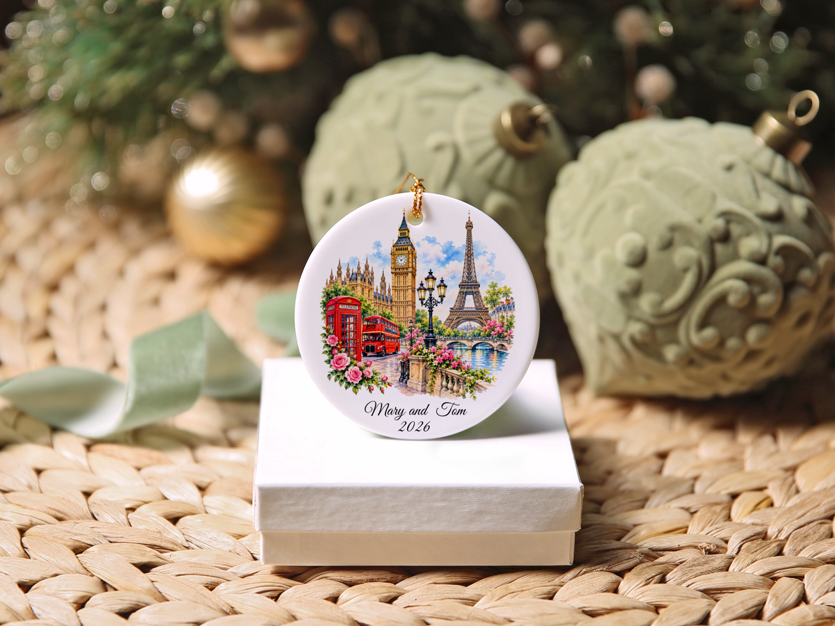 Personalized London Paris Christmas Ornament, England France Travel Keepsake, Souvenir Travel Ornament,  Honeymoon Memory, Double Sided Ornament