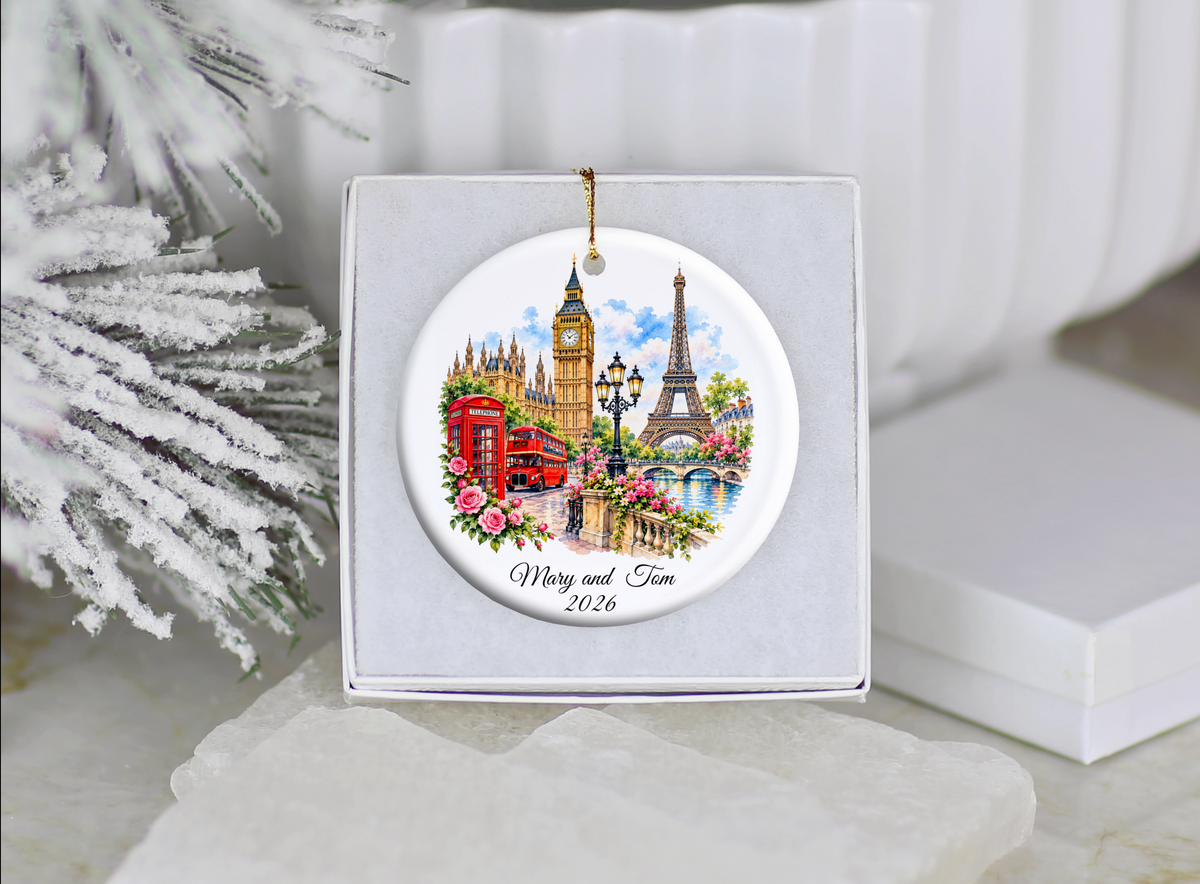 Personalized London Paris Christmas Ornament, England France Travel Keepsake, Souvenir Travel Ornament,  Honeymoon Memory, Double Sided Ornament