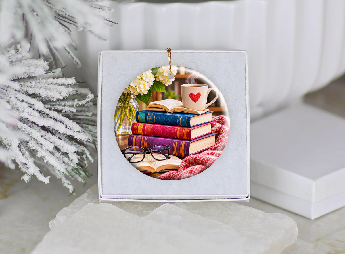 Book Lover Christmas Ornament, Reading Nook Ceramic Ornament, Cozy Books and Coffee Holiday Decor, Reader Gift for Bookworm, Librarian