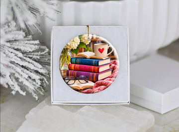 Book Lover Christmas Ornament, Reading Nook Ceramic Ornament, Cozy Books and Coffee Holiday Decor, Reader Gift for Bookworm, Librarian