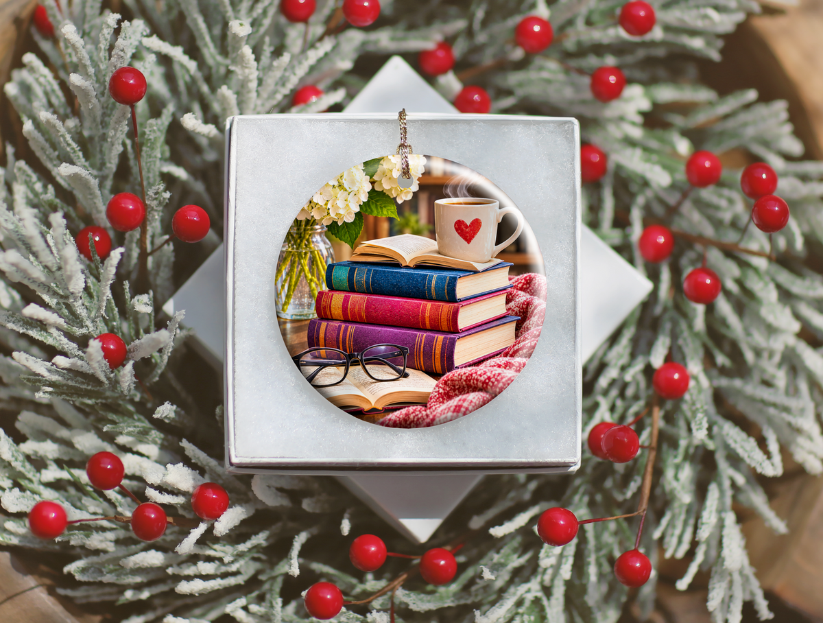 Book Lover Christmas Ornament, Reading Nook Ceramic Ornament, Cozy Books and Coffee Holiday Decor, Reader Gift for Bookworm, Librarian