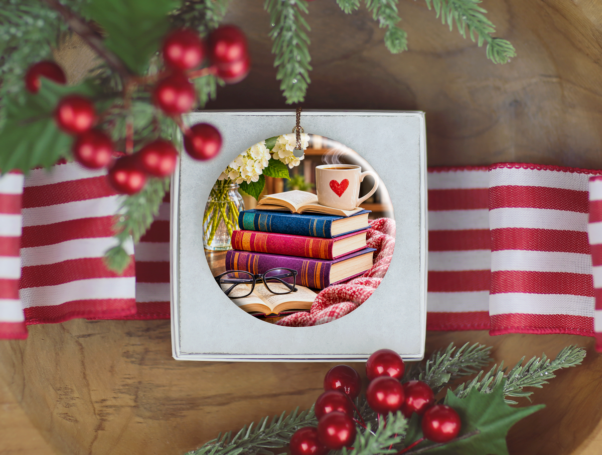 Book Lover Christmas Ornament, Reading Nook Ceramic Ornament, Cozy Books and Coffee Holiday Decor, Reader Gift for Bookworm, Librarian