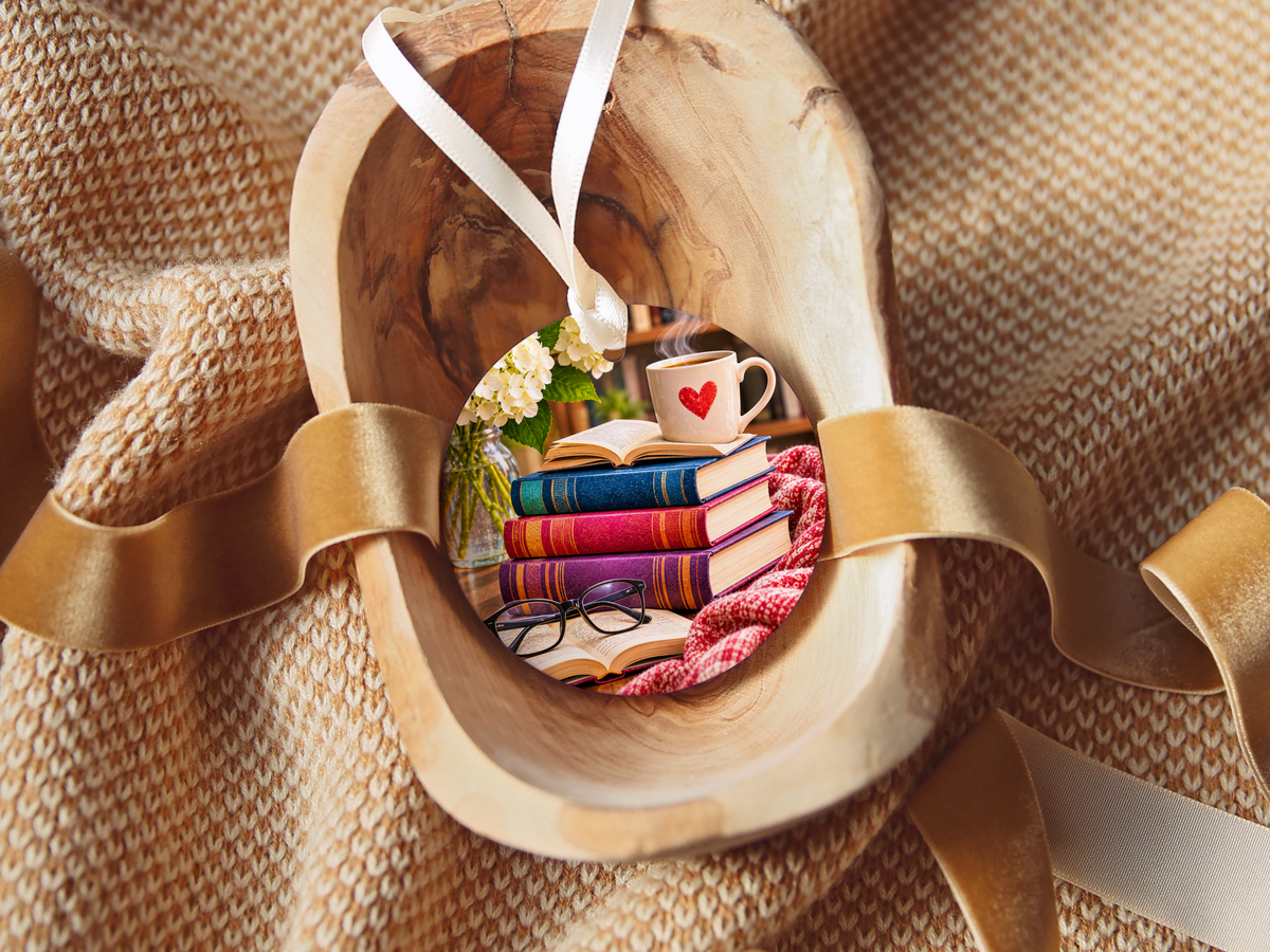 Book Lover Christmas Ornament, Reading Nook Ceramic Ornament, Cozy Books and Coffee Holiday Decor, Reader Gift for Bookworm, Librarian