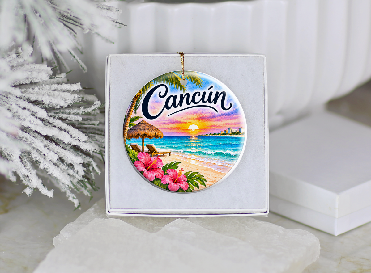 Cancun Honeymoon Ornament, Tropical Beach Wedding Keepsake, Newlywed Christmas Decor, Mexico Travel Gift for Couples