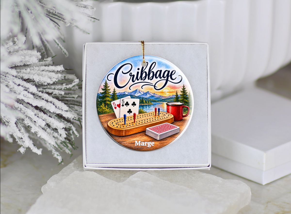 Personallized Cribbage Game Lodge Ornament, Personalized Cribbage Decor, Card Game Gift,  3 Inch Ceramic Keepsake