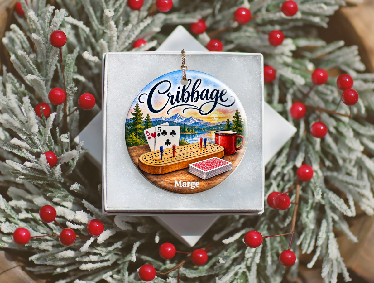 Personallized Cribbage Game Lodge Ornament, Personalized Cribbage Decor, Card Game Gift,  3 Inch Ceramic Keepsake