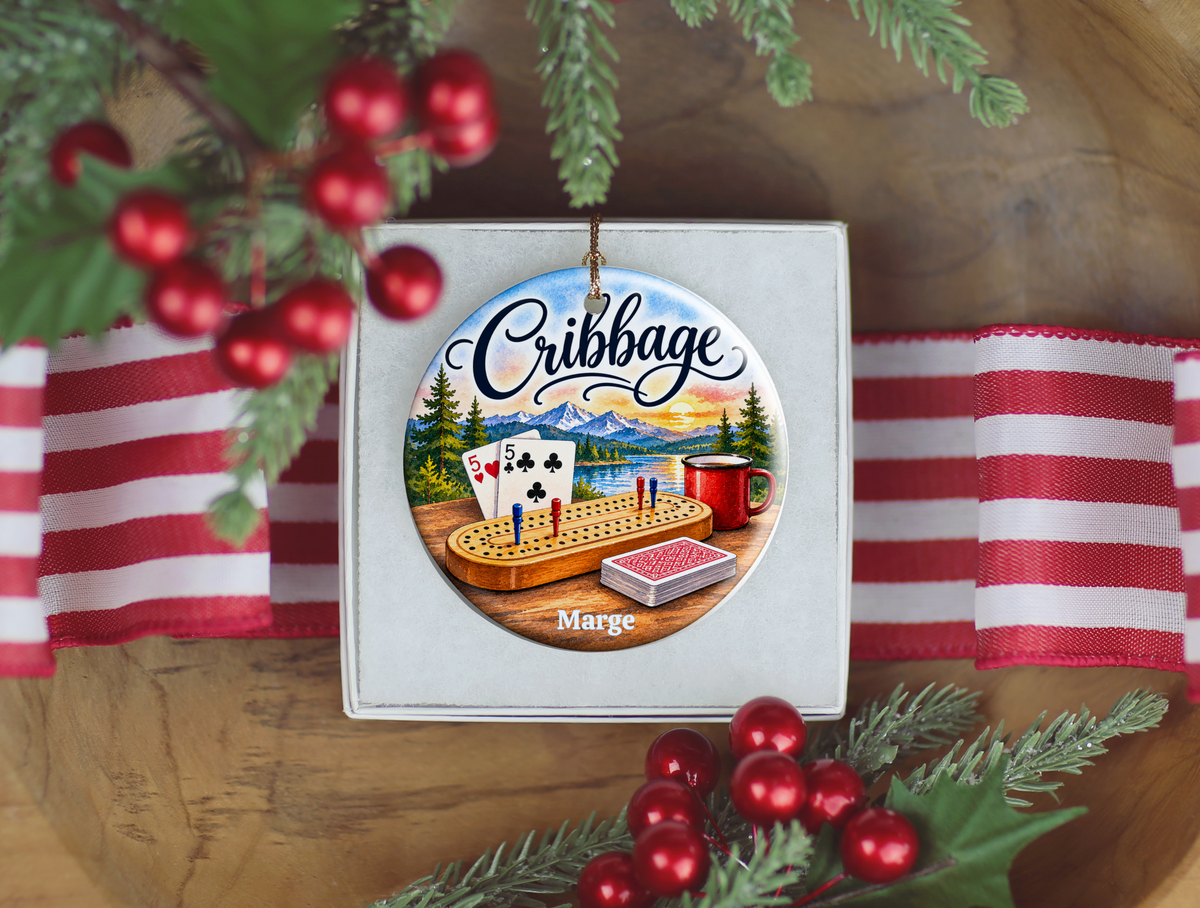 Personallized Cribbage Game Lodge Ornament, Personalized Cribbage Decor, Card Game Gift,  3 Inch Ceramic Keepsake