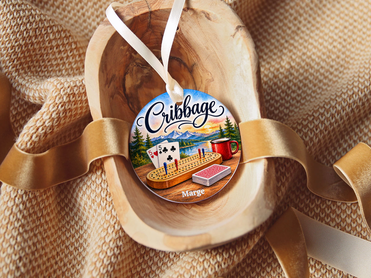 Personallized Cribbage Game Lodge Ornament, Personalized Cribbage Decor, Card Game Gift,  3 Inch Ceramic Keepsake